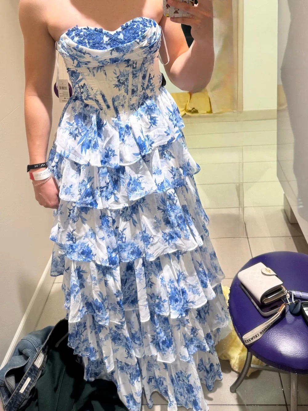 Windsor White and Blue Floral Tiered Prom Dress - Picture 3 of 3